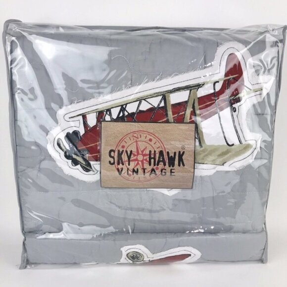 Twin Airplane Quilt Set 2PC Gray Applique Bedding Kids Aviation Cotton Sky Hawk - Picture 3 of 7